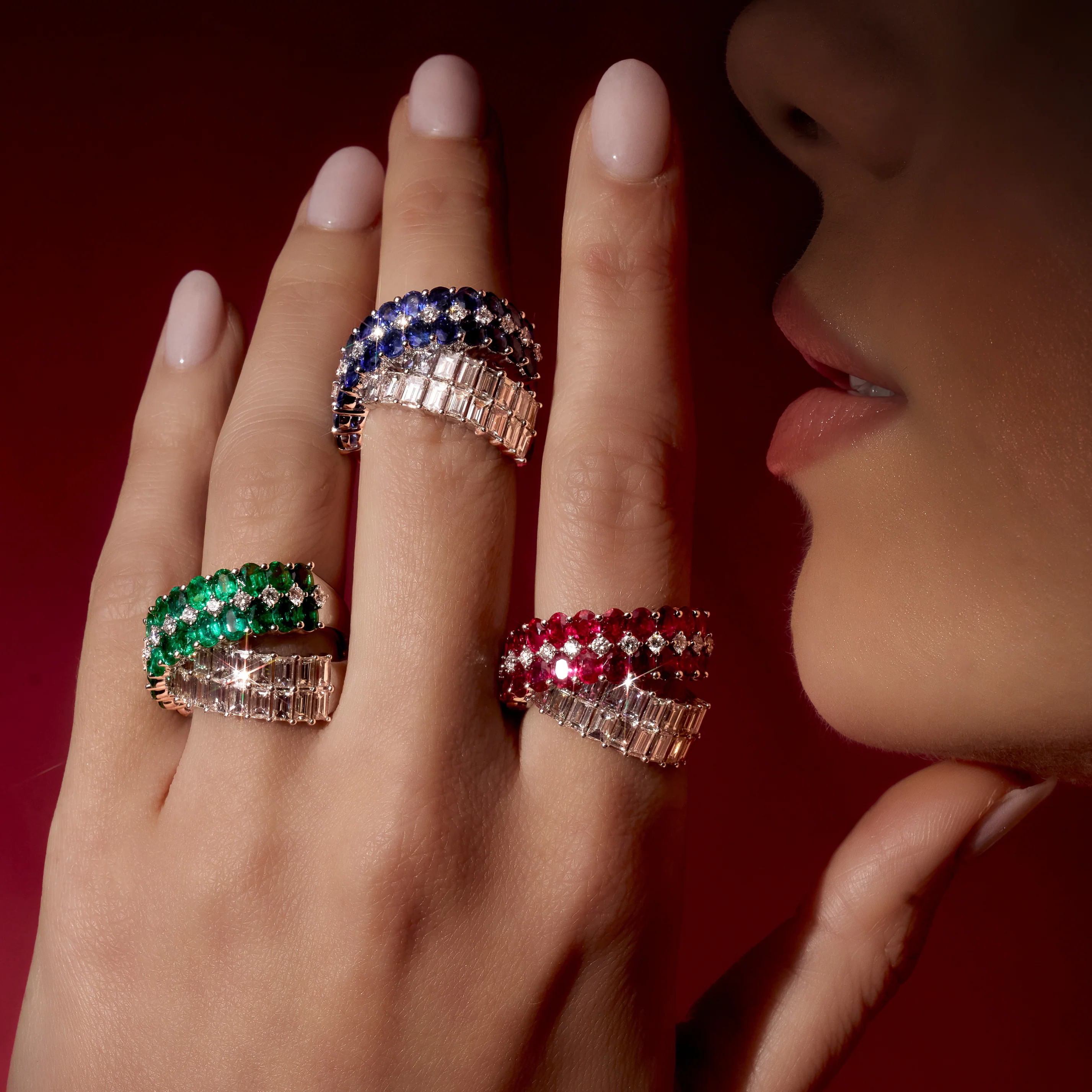 Artisan Diamond and Ruby Crossover Ring | 18K White Gold - Image 2