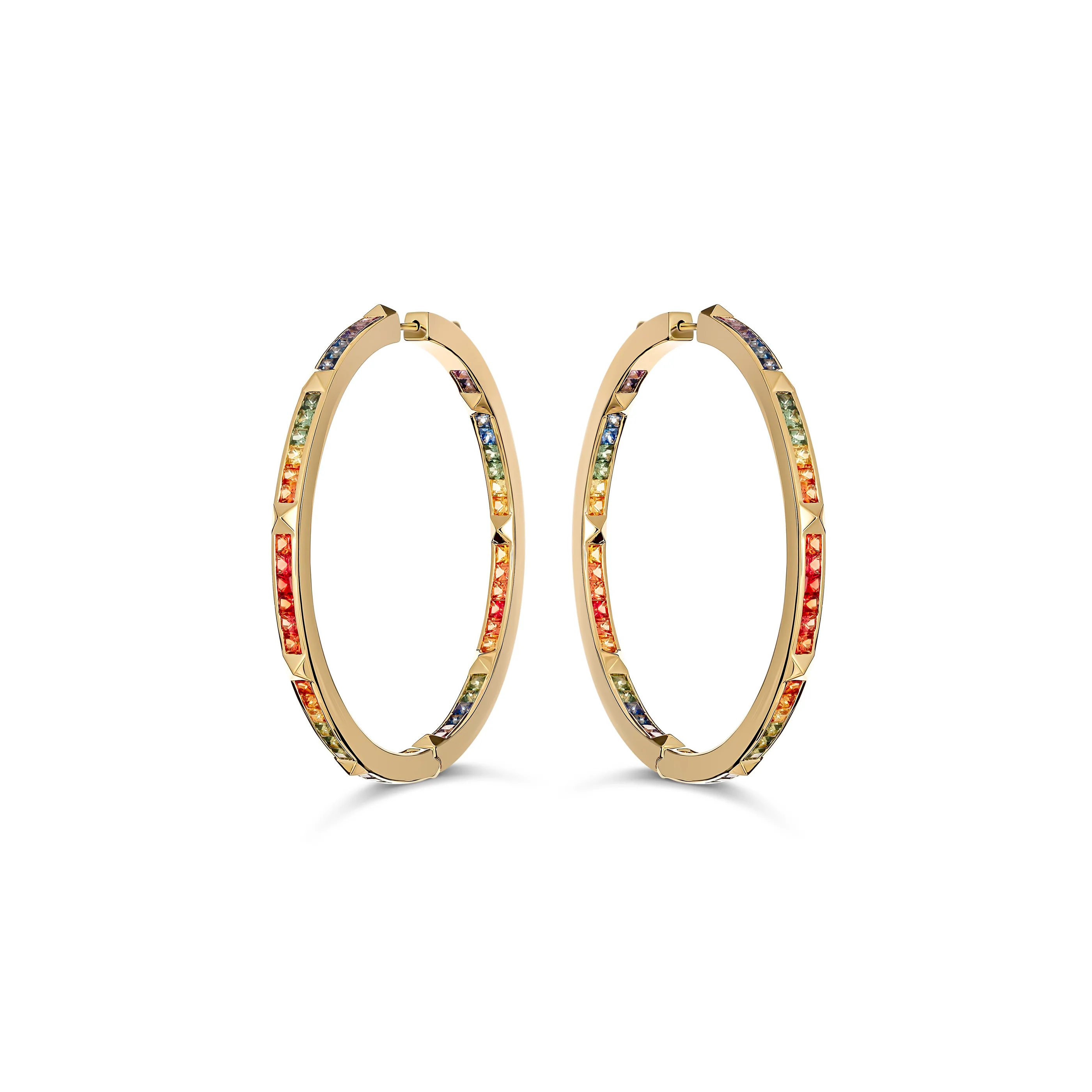R.08® Une Full Moon Rainbow Sapphire Hoop Earrings | Yellow Gold - Image 3