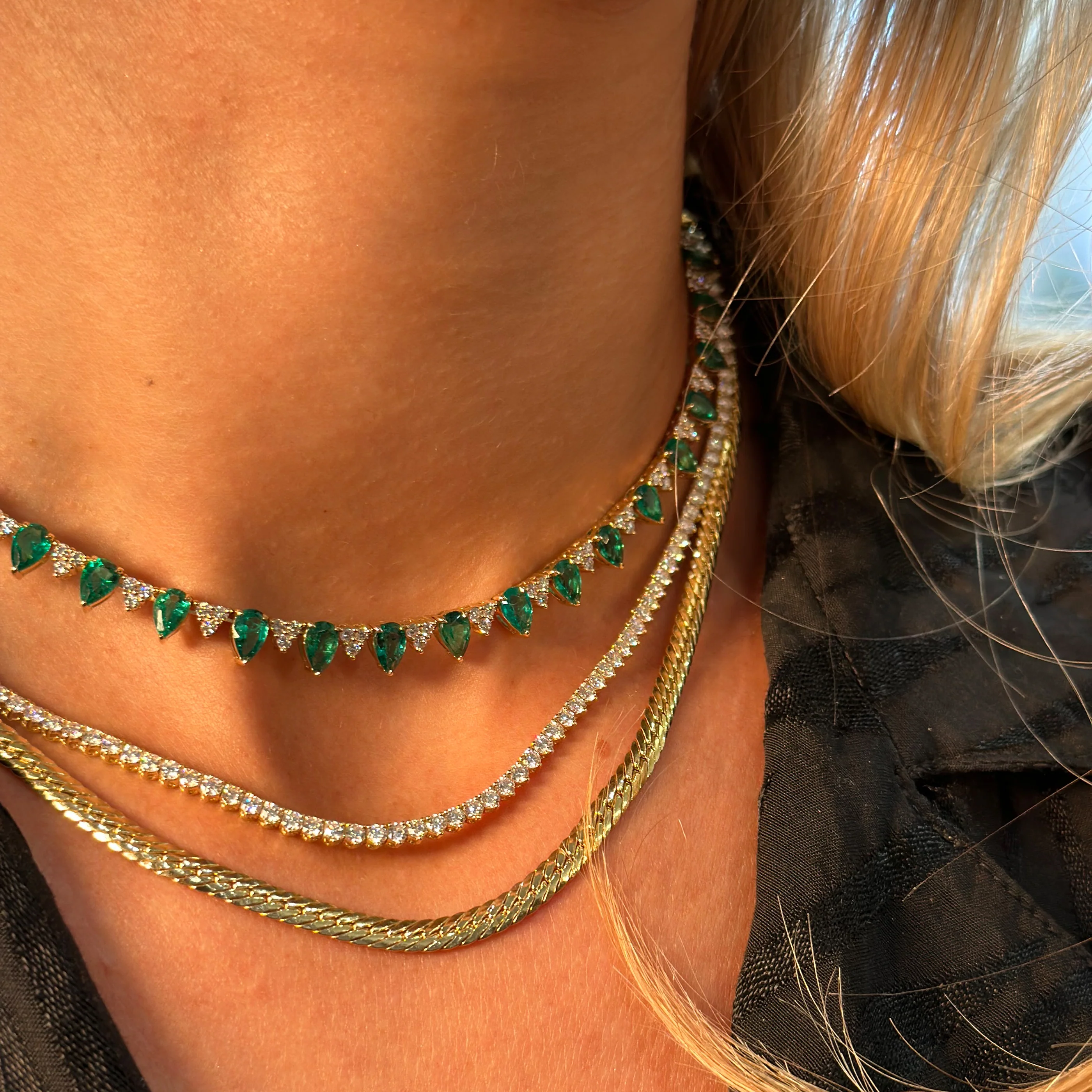 Riviera Pear Cut Emerald Gemstone and Diamond Necklace | 18K Yellow Gold - Image 5
