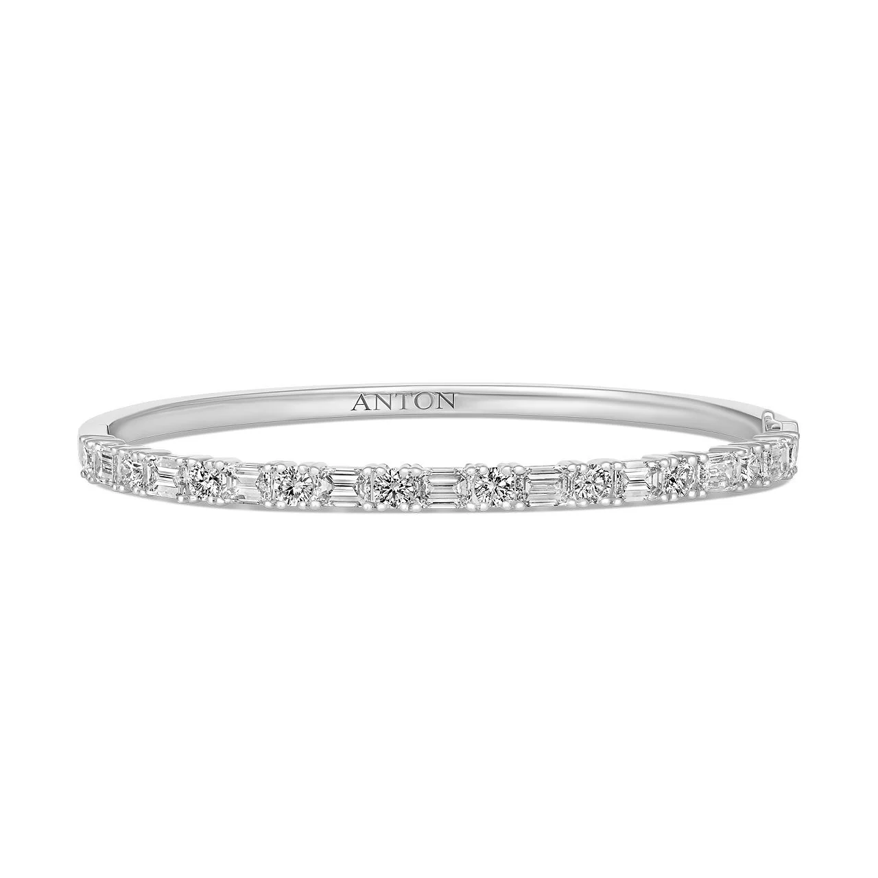 Riviera Emerald and Round Cut Large Natural Diamond Bangle | 18k White Gold