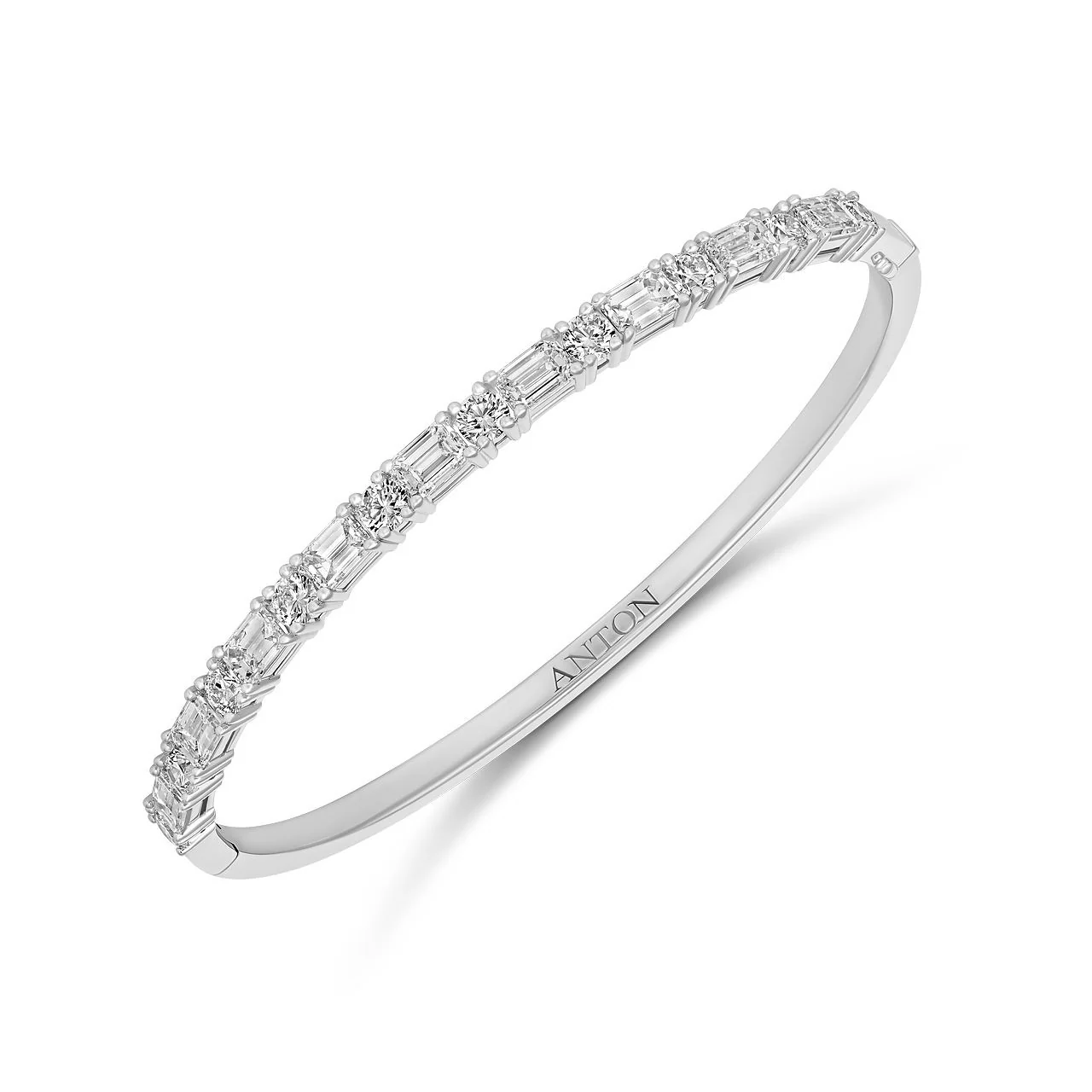 Riviera Emerald and Round Cut Large Natural Diamond Bangle | 18k White Gold - Image 2