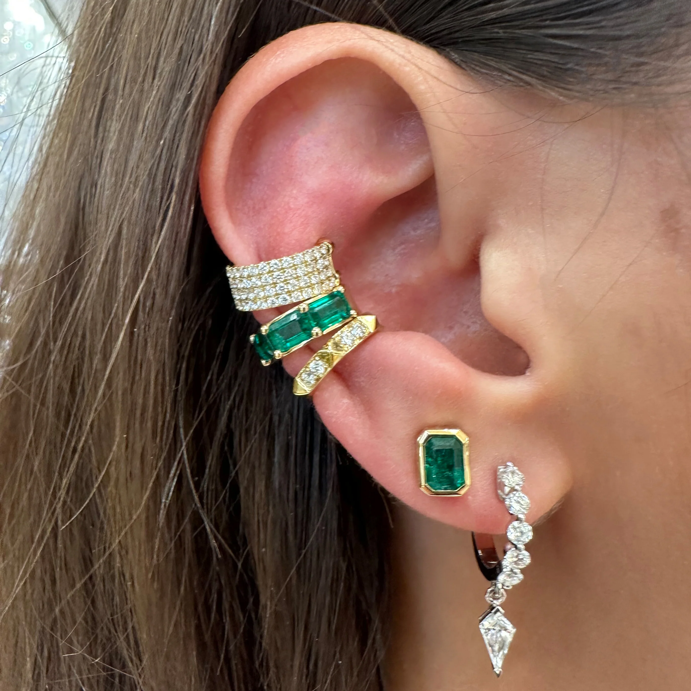Riviera Emerald Cut Emerald Gemstone Bezel Studs | 18K Yellow Gold - Image 3
